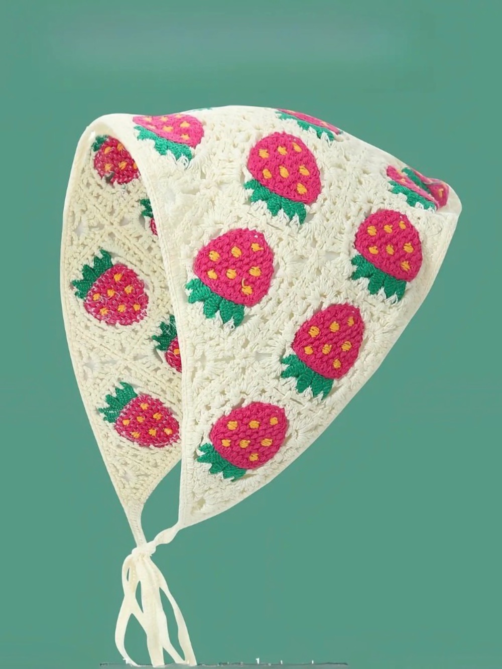 Sunday State Crochet Strawberry Tie Headscarf - Cream with Pink Strawberries